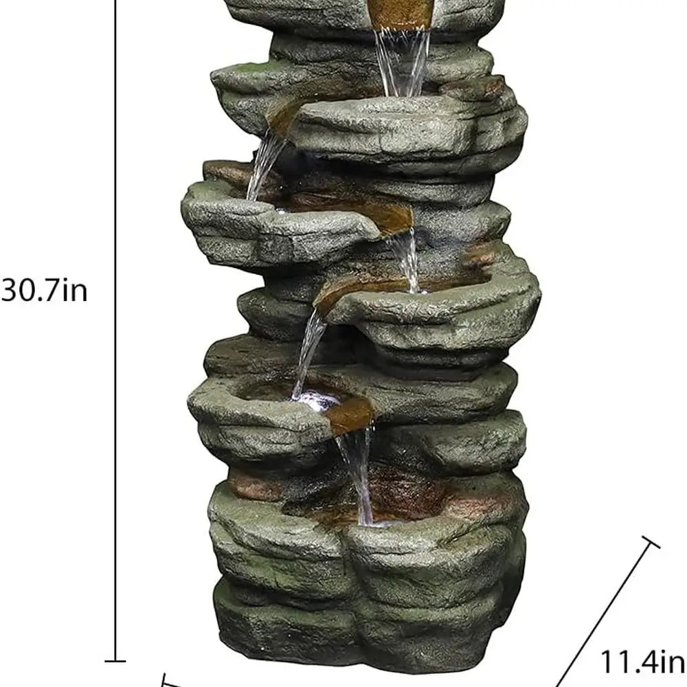 Water Fountain-LED Lights, 6-Tiers, Rock Natural, Waterfall, Outdoor, Floor Standing, Garden, 30.7 in, Home Garden