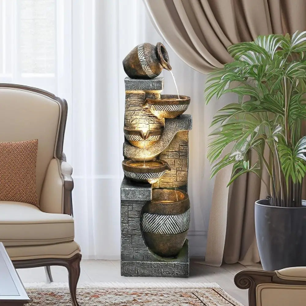 Water Fountain- 5-Tiers Indoor/Outdoor Water Fountain, 42.5 inches, Modern Floor-Standing Cascading Water Feature