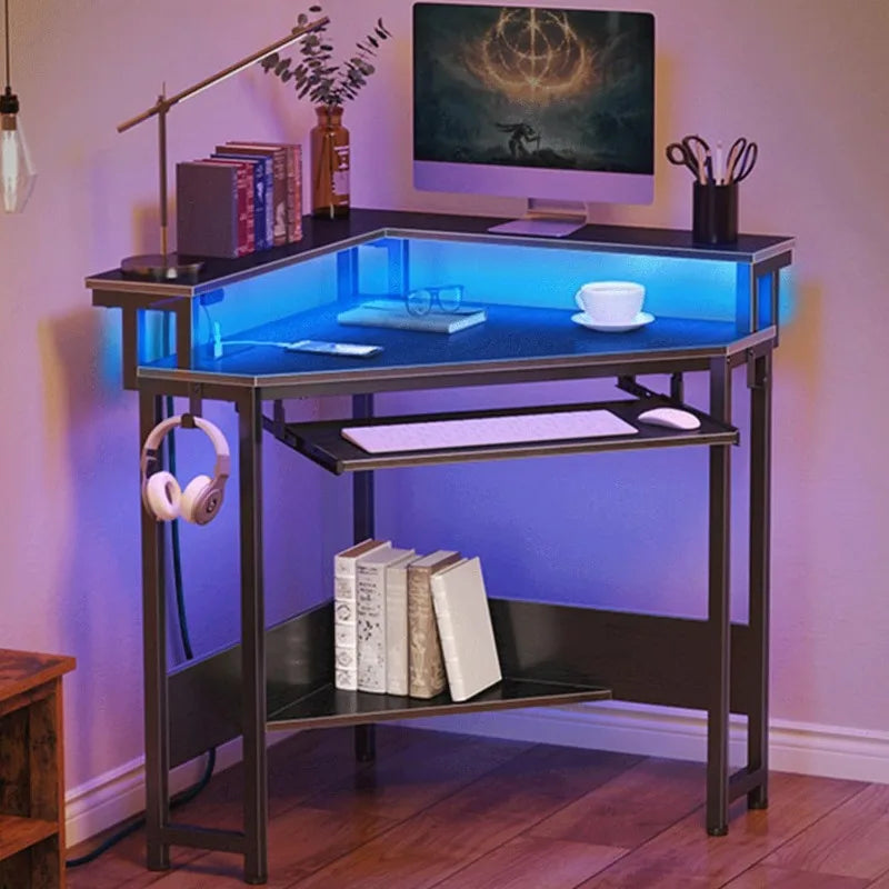 Corner Desk-Gaming, 44.5" W x 34.5" H, Small Computer Desk with Power Outlets, Home Office Desk, with LED Lights, Triangle Corner Desk