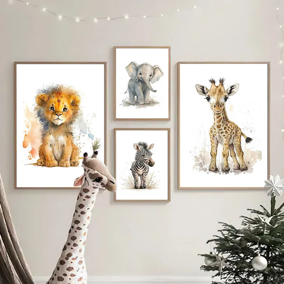 Canvas Wall Art – Adorable Jungle Animal – Elephant, Lion, Giraffe & More Wall Art for Baby or Kids' Room