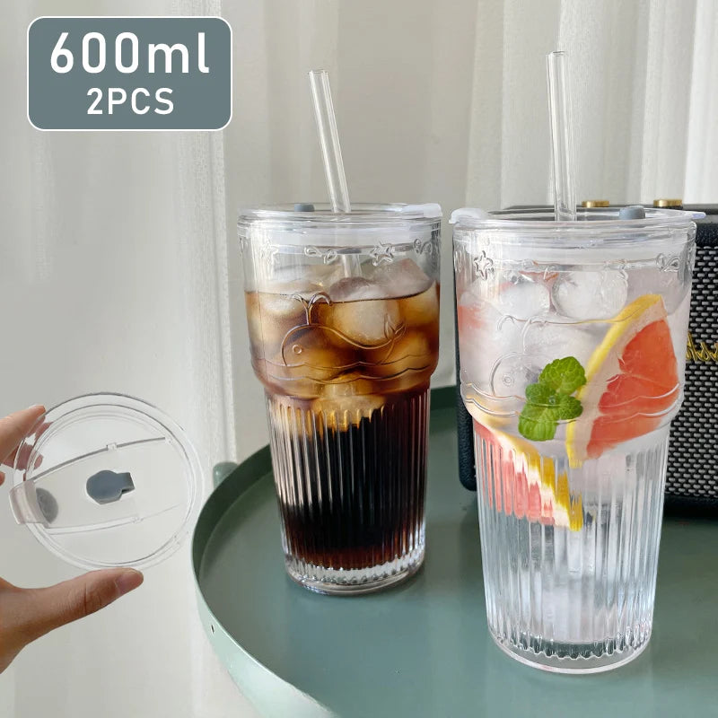 Home Kitchen: Drinkware: 600ml Stripe Glass Cup -  Transparent with Lid and Straw