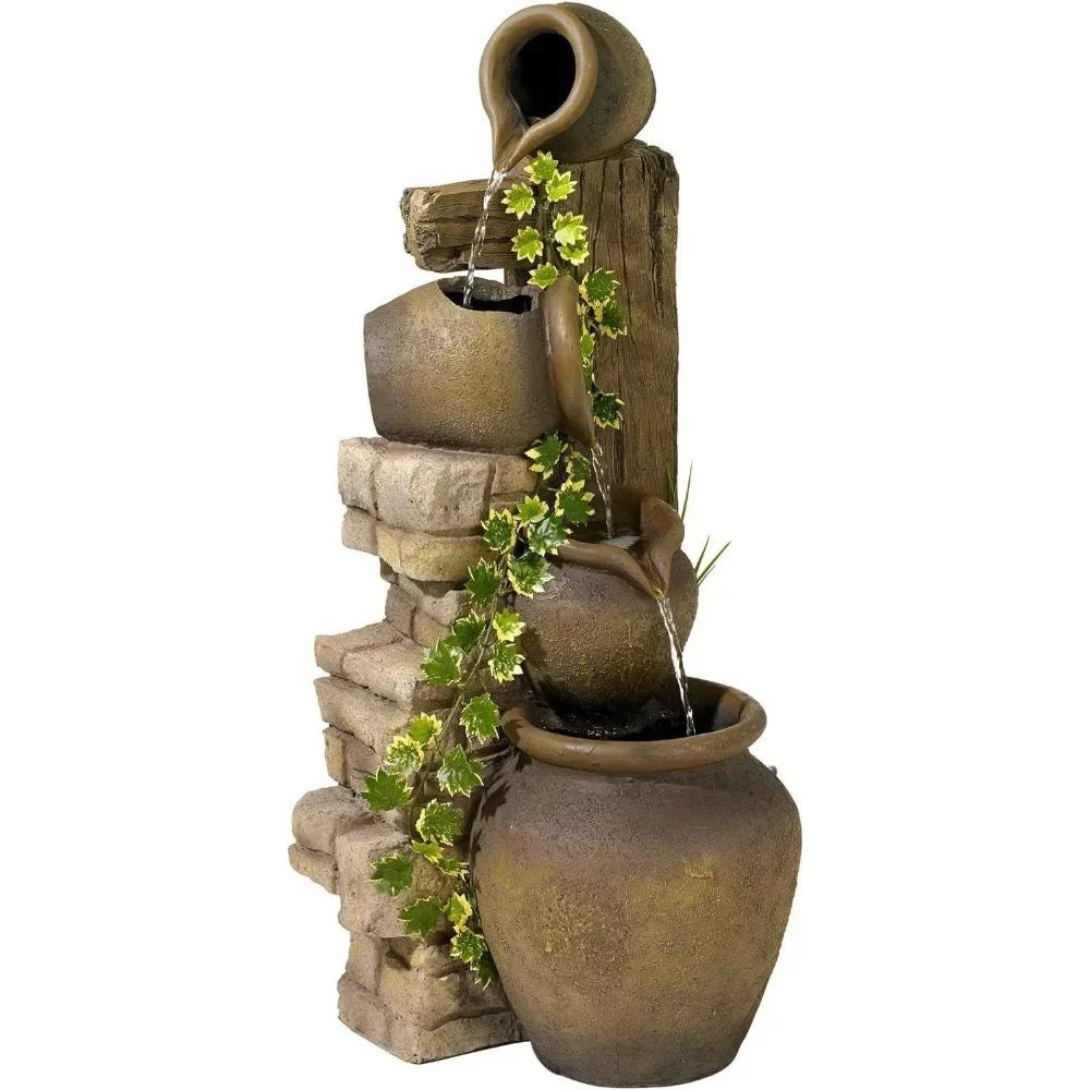 Outdoor Decor: Floor Fountain: Cascading Rustic Outdoor Floor Three Jugs Fountain and Waterfalls