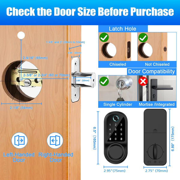 Electronic Lock-Bluetooth Smart Deadbolt Lock Keyless Entry Fingerprint Door Lock with Touch Keypad, IC Card, Physical Key, APP Remote, Temporary Code, Auto Lock, Door / Home Apartment Rental