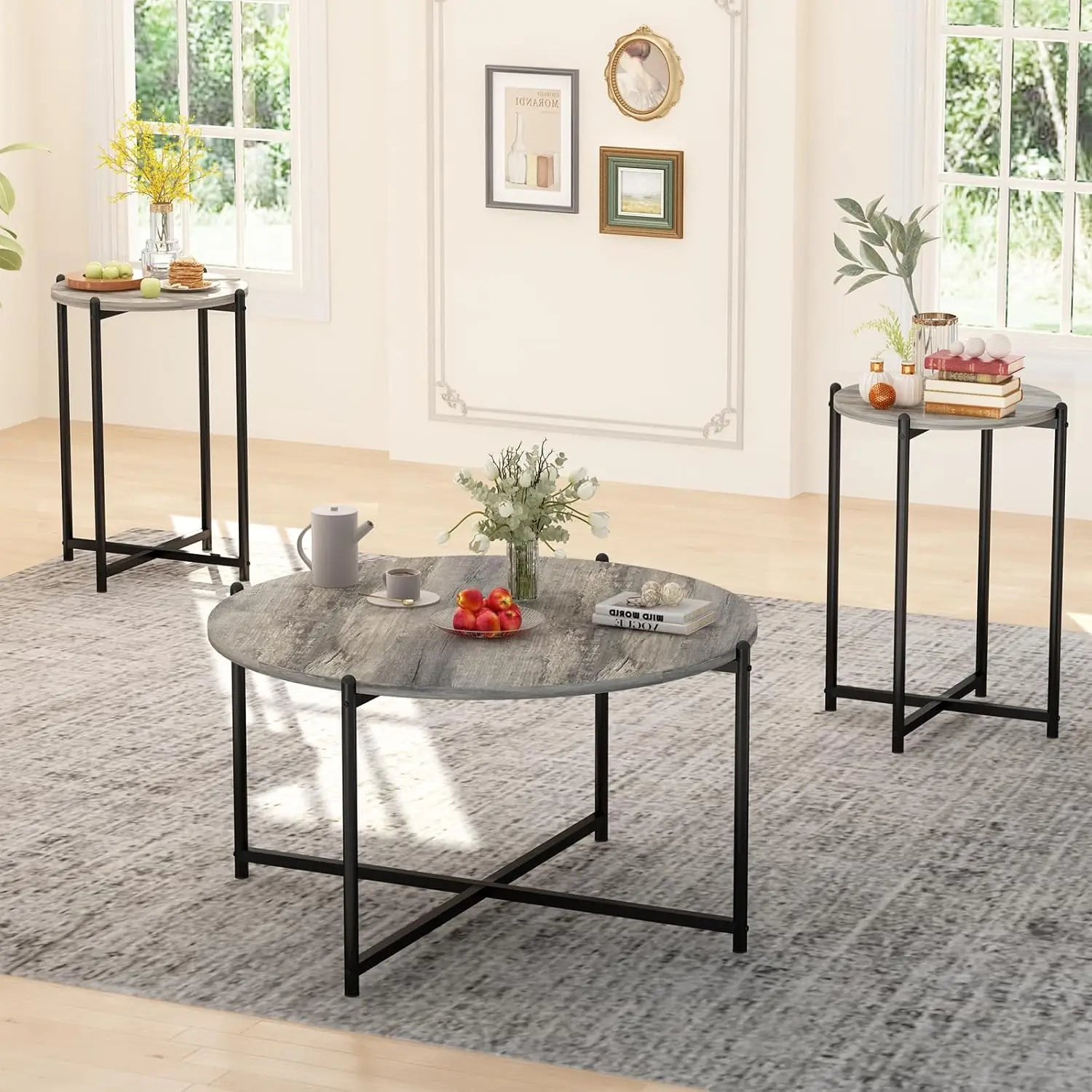 Coffee Table Set -Faux Marble Top Coffee Table Set Golden Frame 1 Coffee & 2 Accent Tables, Grey Customized, Living Room, Apartment, Office