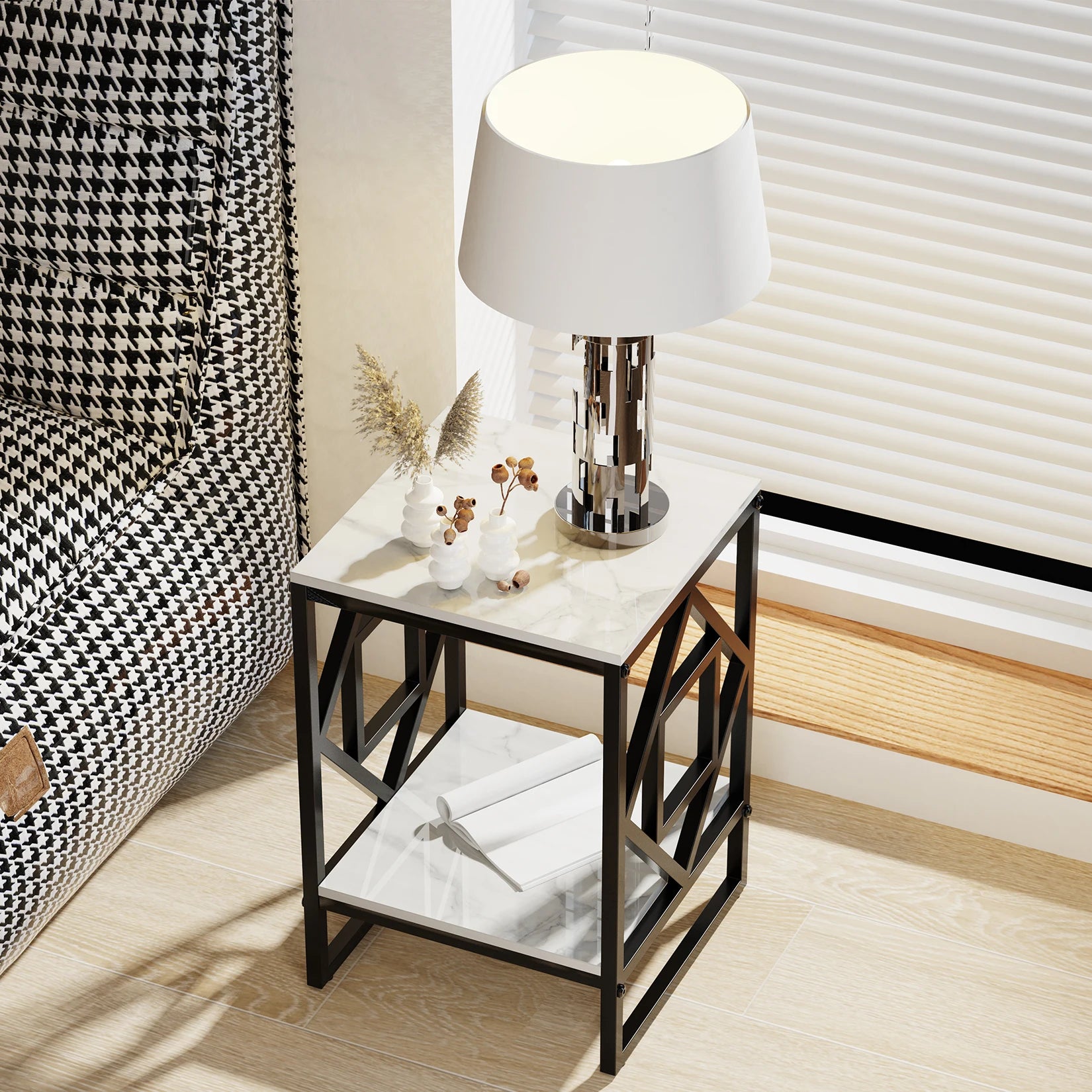 End Table-White Marble Top Side Table, Bedside Nightstand, Black Coated Frame Table