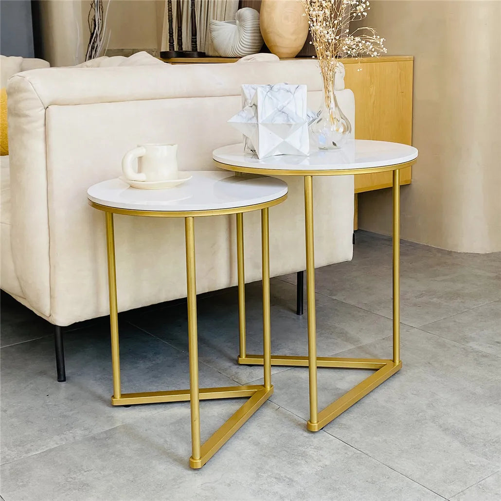 Accent Table-Modern Round Marble Metal Base Nesting Set Side Accent Table Living Room Storage Small End Table, Set of 2, Marble and Gold