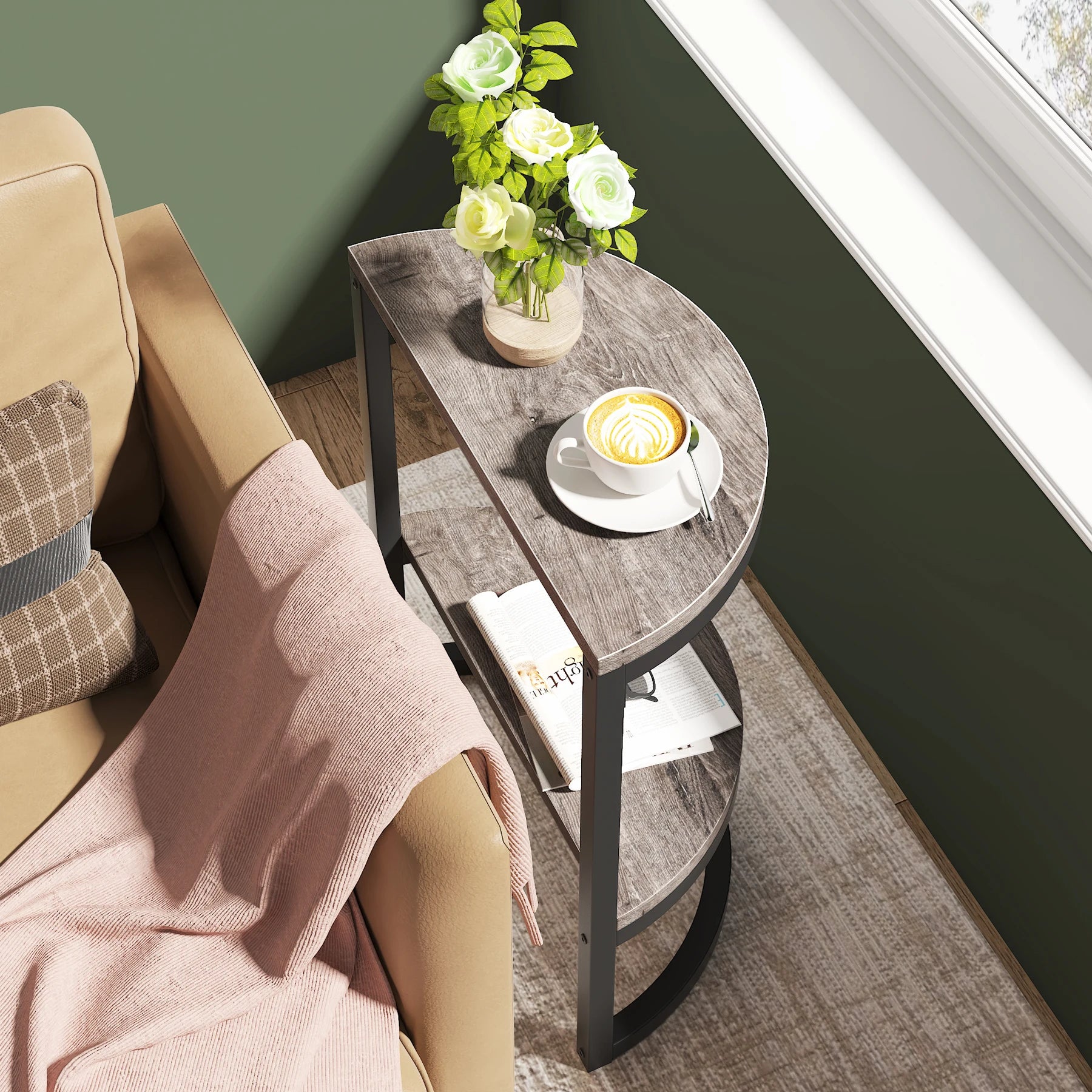 End Table-Semi Circle, Small Half Round, Side Table with Storage Shelf, Accent Table, Slim C Table for Sofa Couch, Tribesigns