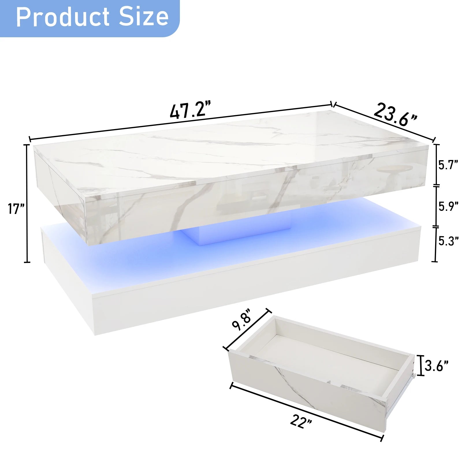 Coffee Table-Modern Stylish Coffee Table with LED lights, Double-Layer Design for Living Room Coffee Table with 2 Storage Drawers