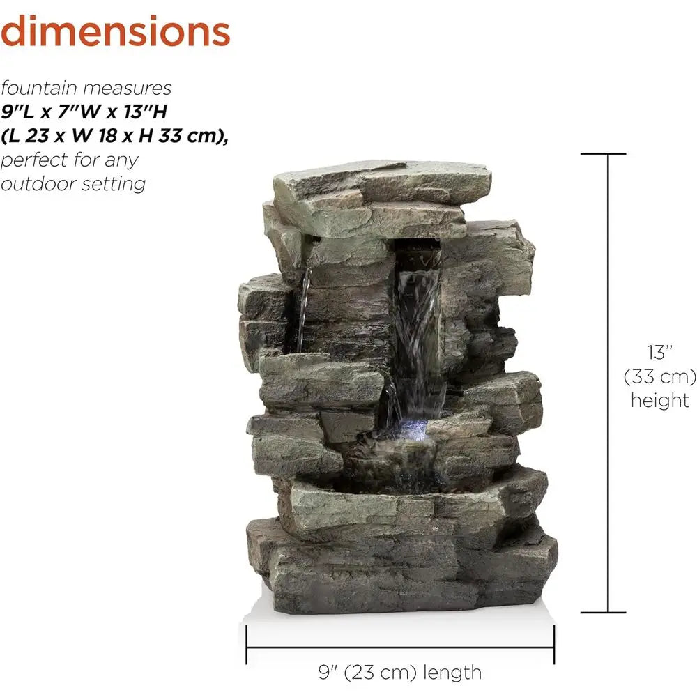 Water Fountain-LED Lights, 13 in Tall, Indoor Tabletop, 4 Tier Cascading, Water Feature, Home, Living Room, Zen Decor,
