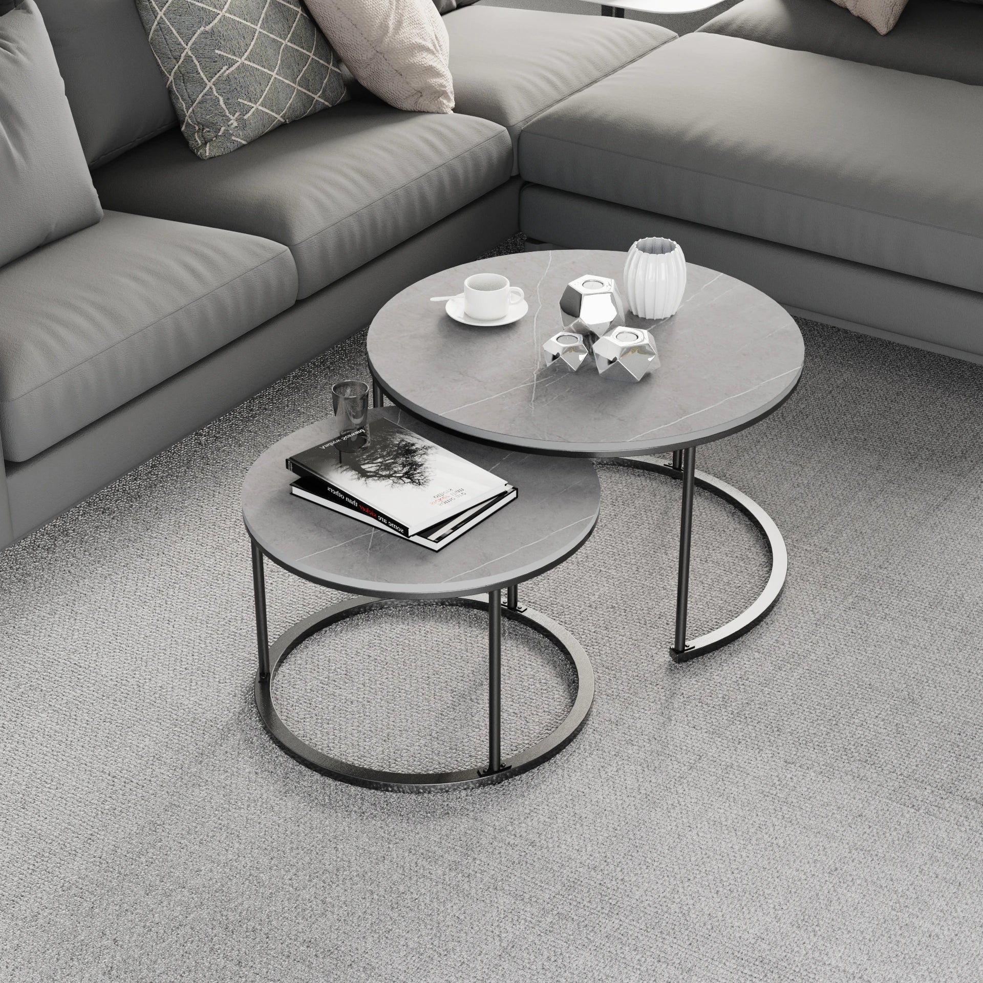 Accent Table - Marble & Gold Nesting – Set of 2 - Modern Round with Stylish Storage Design