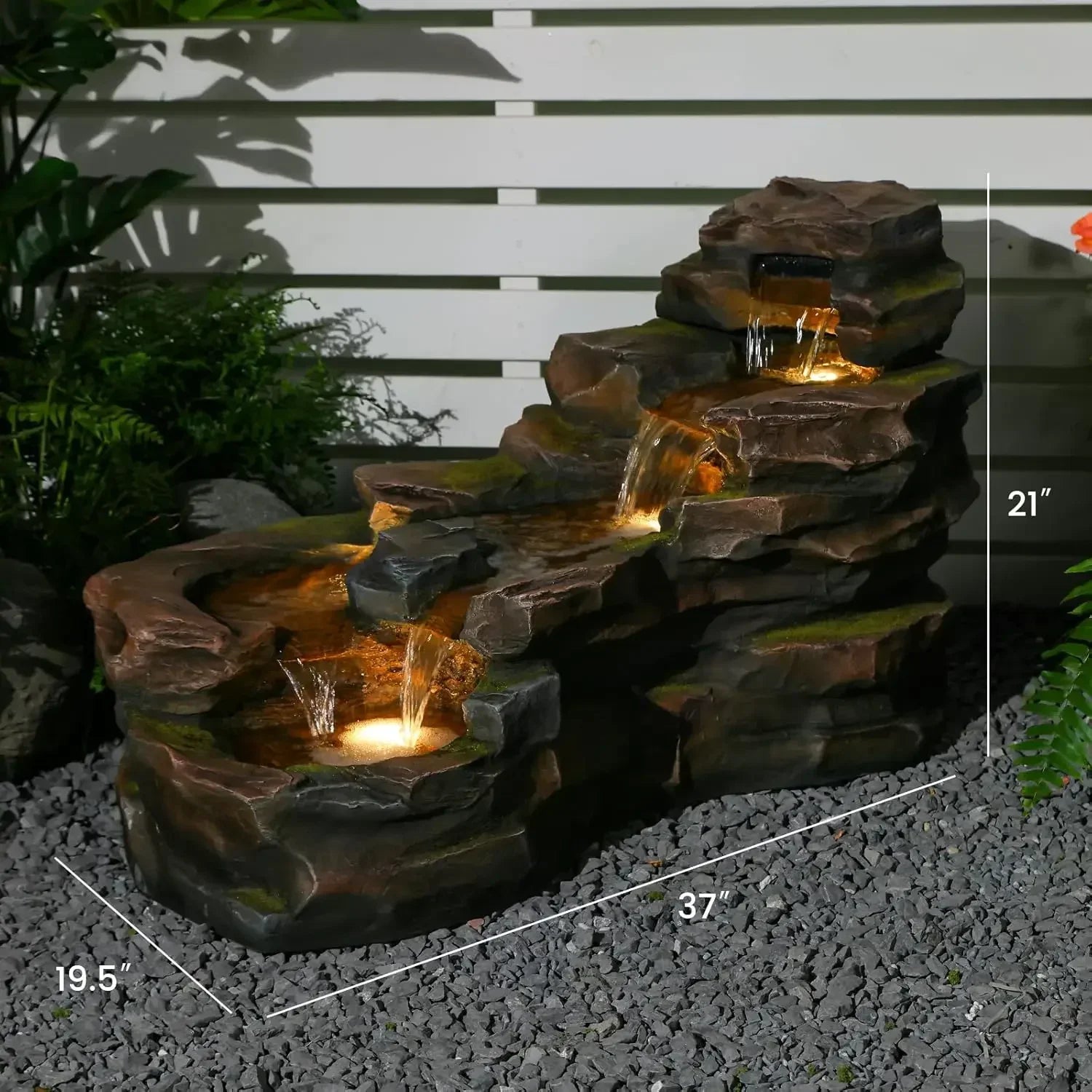 Water Fountain-LED Lights, Outdoor, Floor Standing, 5-Tiers, Rock Natural, Waterfall, Garden