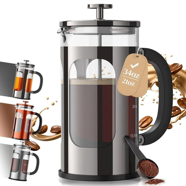 Coffee Maker French Press 34oz 1 L, No Plastic Touching Cafe, Heat Resistant Thickened Borosilicate Glass, Stainless Steel Veken