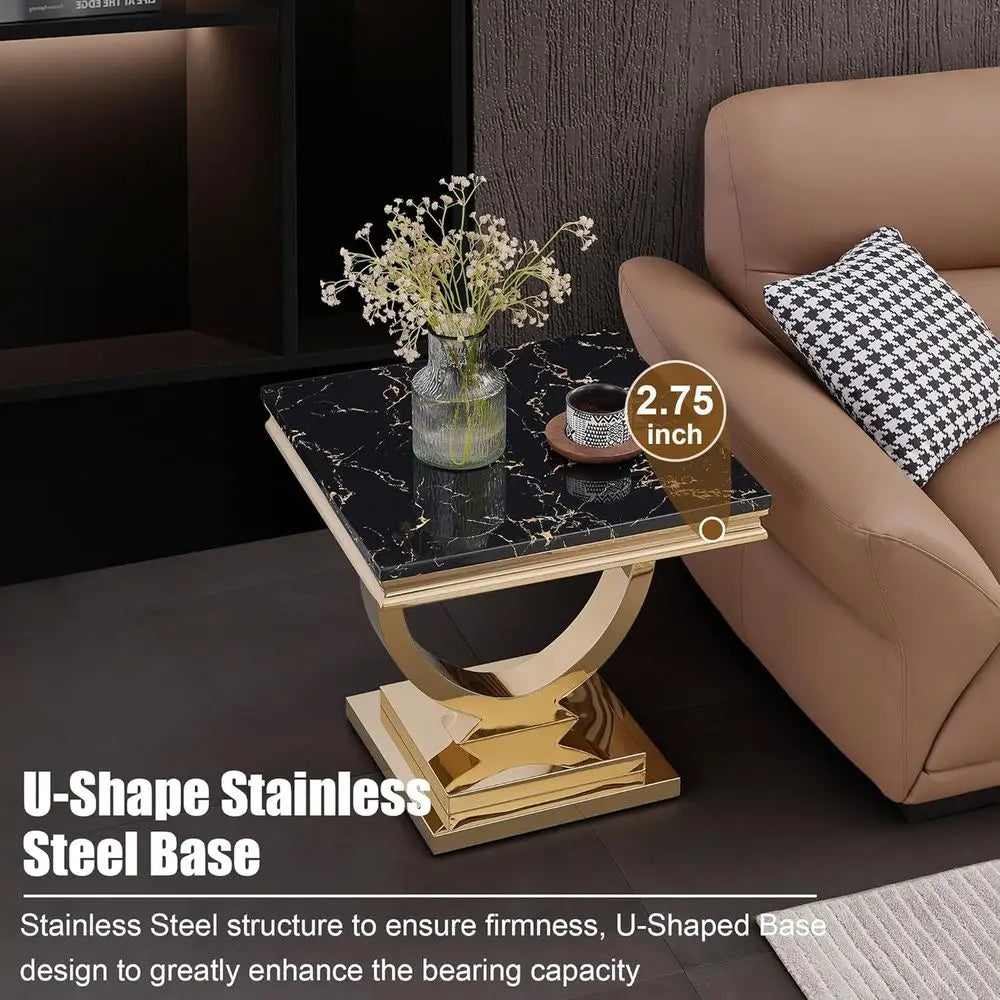 Coffee Table Set- 3-Piece set, 1 Rectangular Coffee Table, 2 Square Side Tables, Elegant Living Room Furniture with Black Marble Top