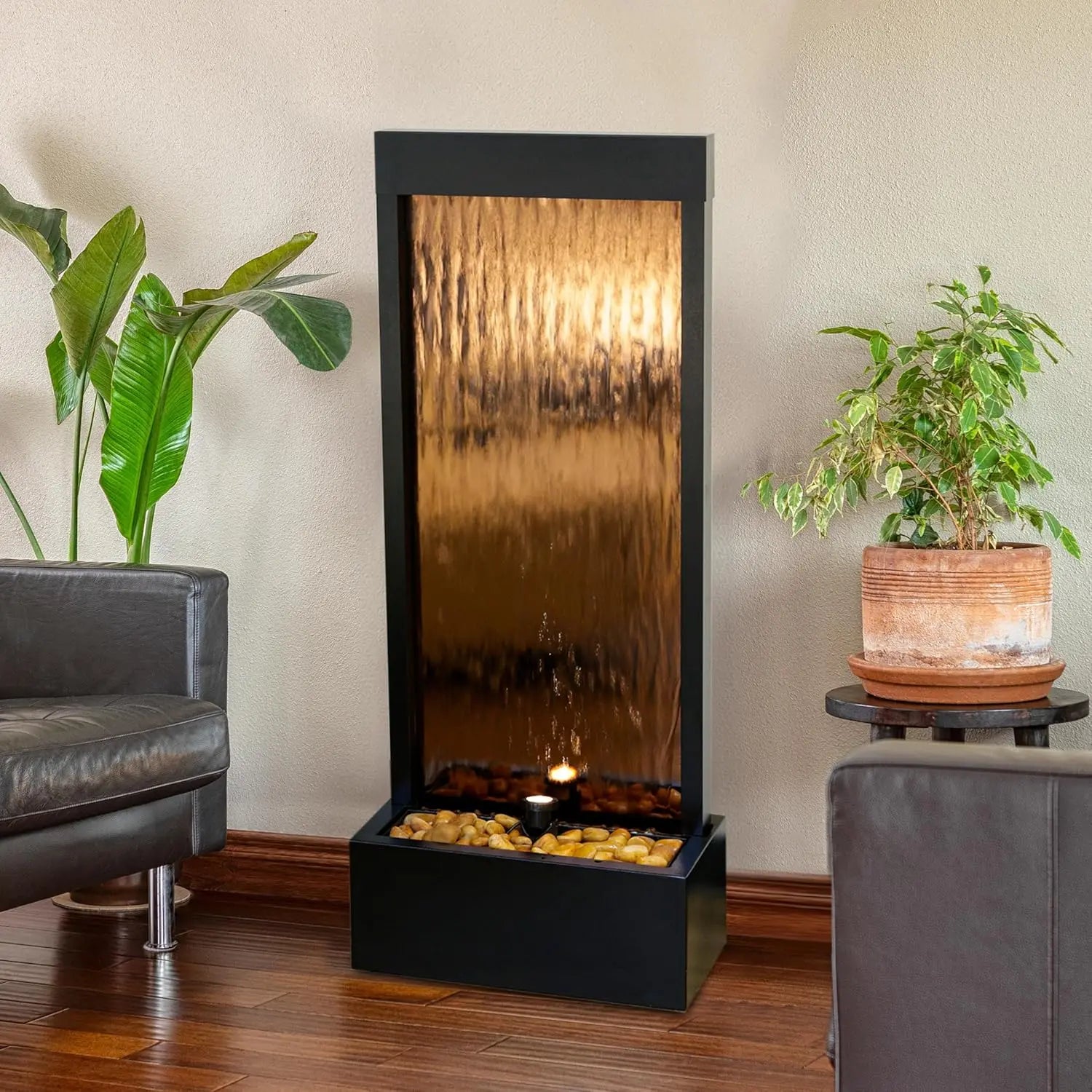 Water Fountain-Mirror Waterfall Fountain with Stones & Lights, Zen Indoor/Outdoor Fountain for Office, Living Room, Patio, Entryway