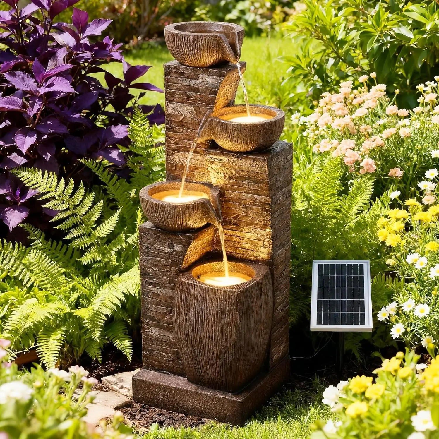 Water Fountain-5 Tiers, Solar, Outdoor, 33.5" H Shape K Waterfall Fountain with LED Lights for Patio, Balconies, Lawns