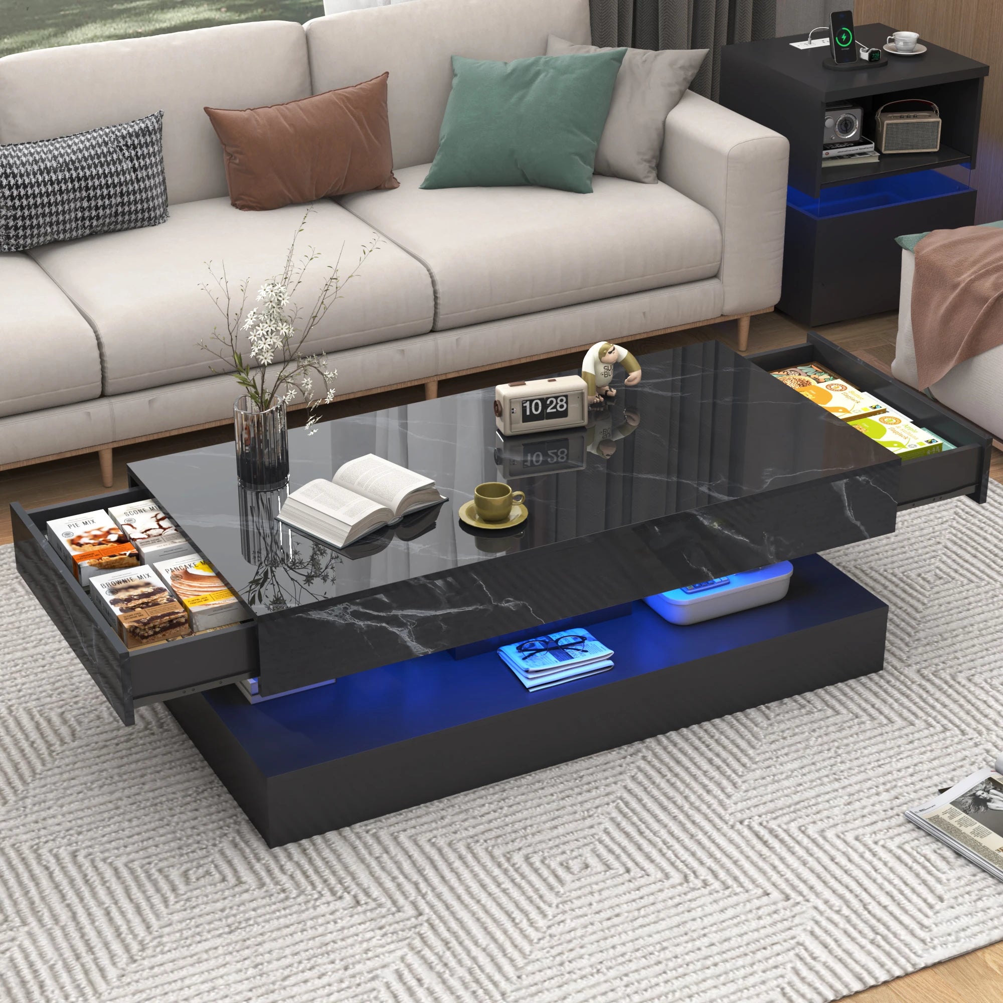 Coffee Table-Modern Stylish Coffee Table with LED lights, Double-Layer Design for Living Room Coffee Table with 2 Storage Drawers