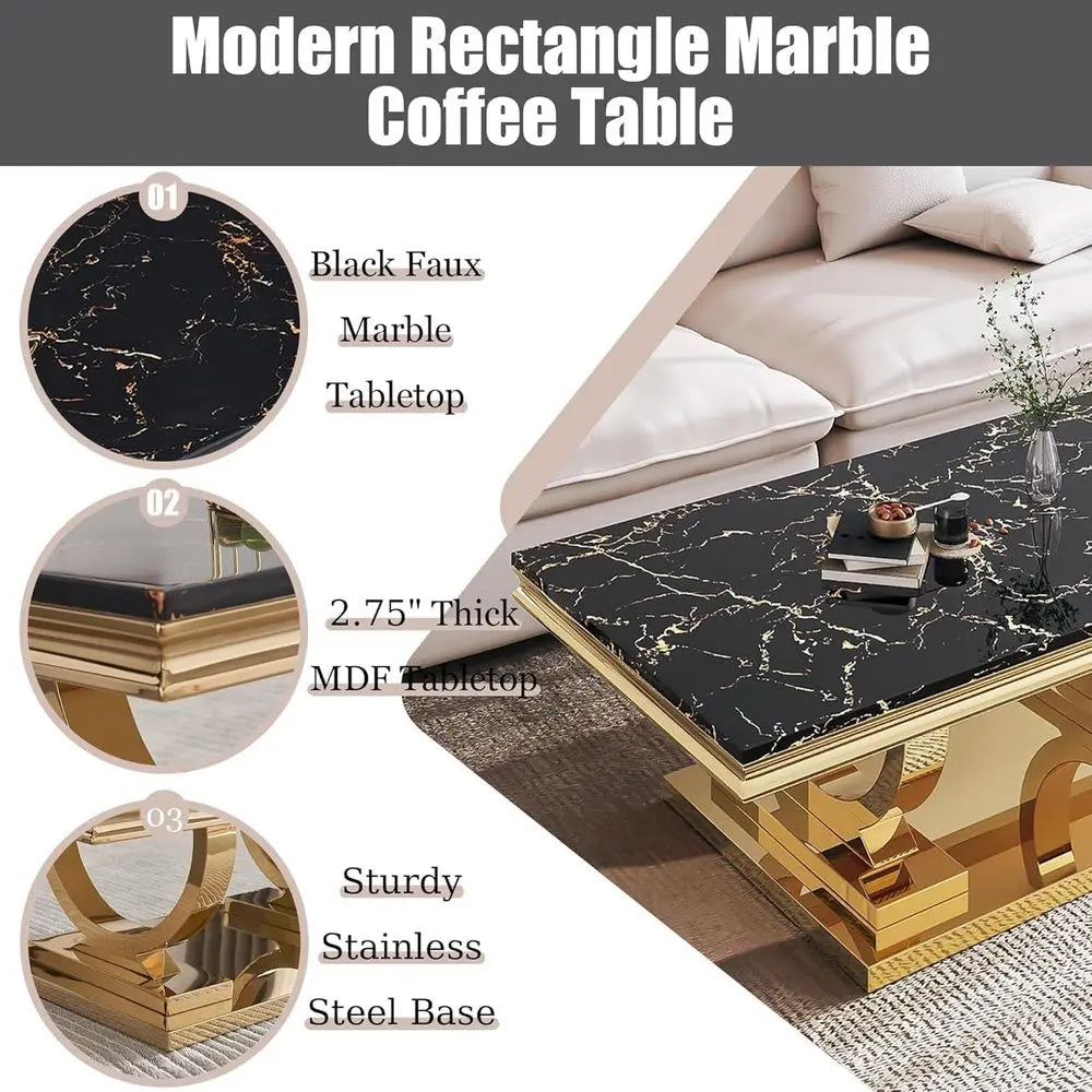 Coffee Table Set- 3-Piece set, 1 Rectangular Coffee Table, 2 Square Side Tables, Elegant Living Room Furniture with Black Marble Top