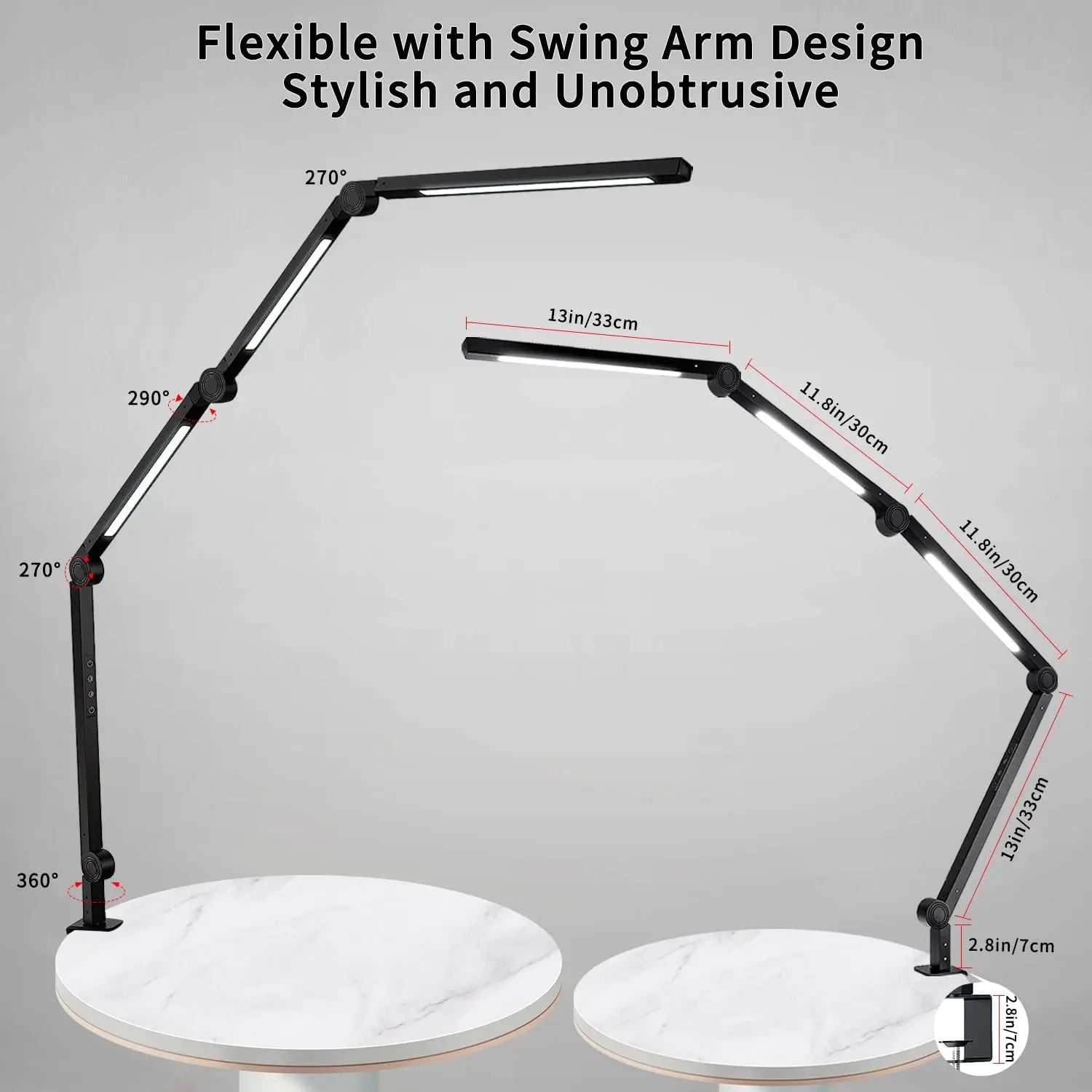 LED Desk Lamp with Clamp Flexible 4 sections Swing Arm Three light sources desk light, 4 Color Modes & 5 Brightness