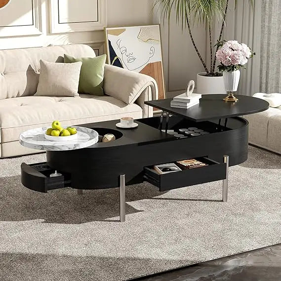 Coffee Table with Lift-Top - Mid Century Modern – 47.2" Oval Fluted Wood with Hidden Storage