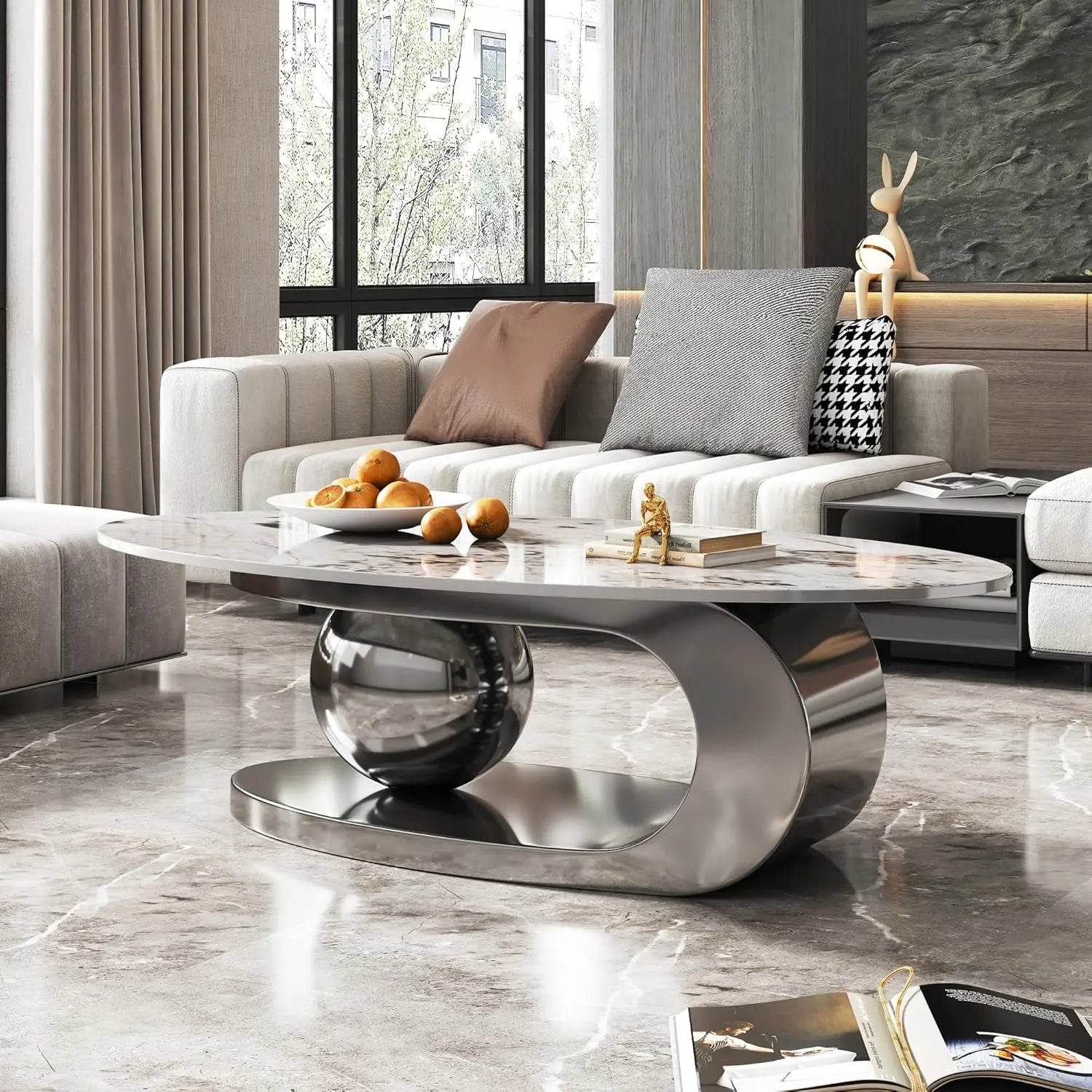 Coffee Table-Modern with Silver Stainless Steel Pedestal, Oval, Living Room Table, with Faux Marble Top, & Luxury, Customized