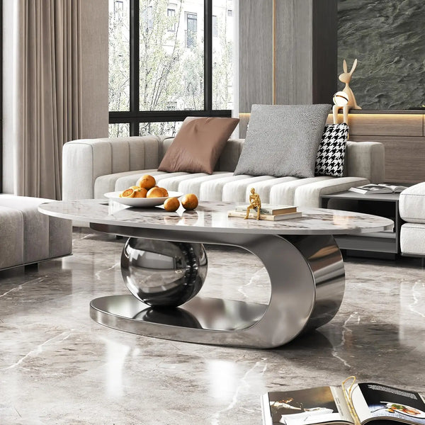 Coffee Table-Modern with Silver Stainless Steel Pedestal, Oval, Living Room Table, with Faux Marble Top, & Luxury, Customized