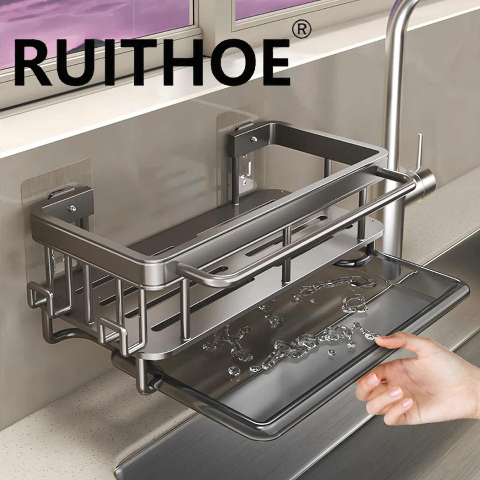 Kitchen-Sink Drain Rack With Tray Aluminum Sink Shelf Soap Sponge Holder Dishcloth Towel Rack Filter Basket