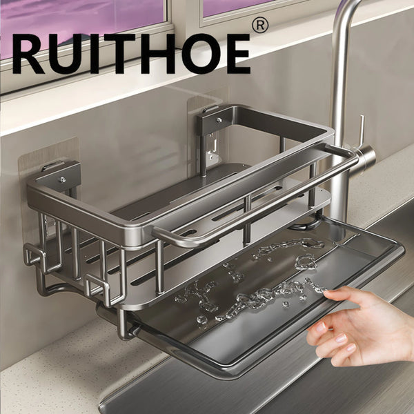Kitchen-Sink Drain Rack With Tray Aluminum Sink Shelf Soap Sponge Holder Dishcloth Towel Rack Filter Basket