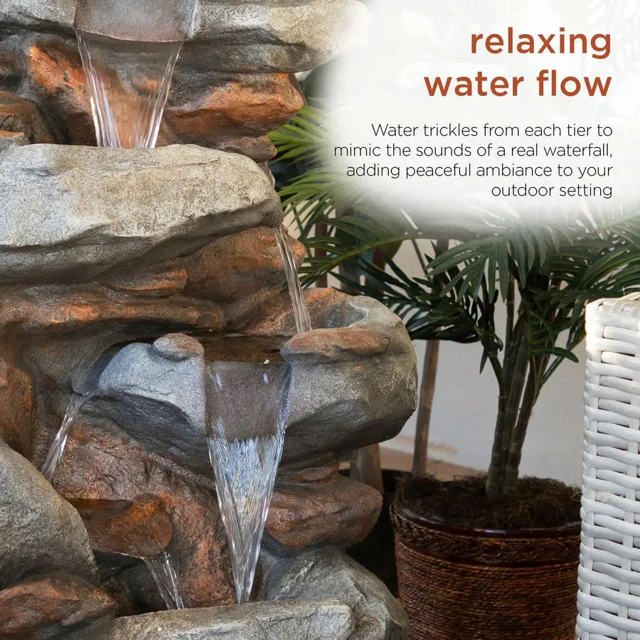 Water Fountain-LEDs Lights-White, Rock Floor, 4 Tier Cascading, Tranquil Outdoor Water Feature, Garden, Patio, Yard