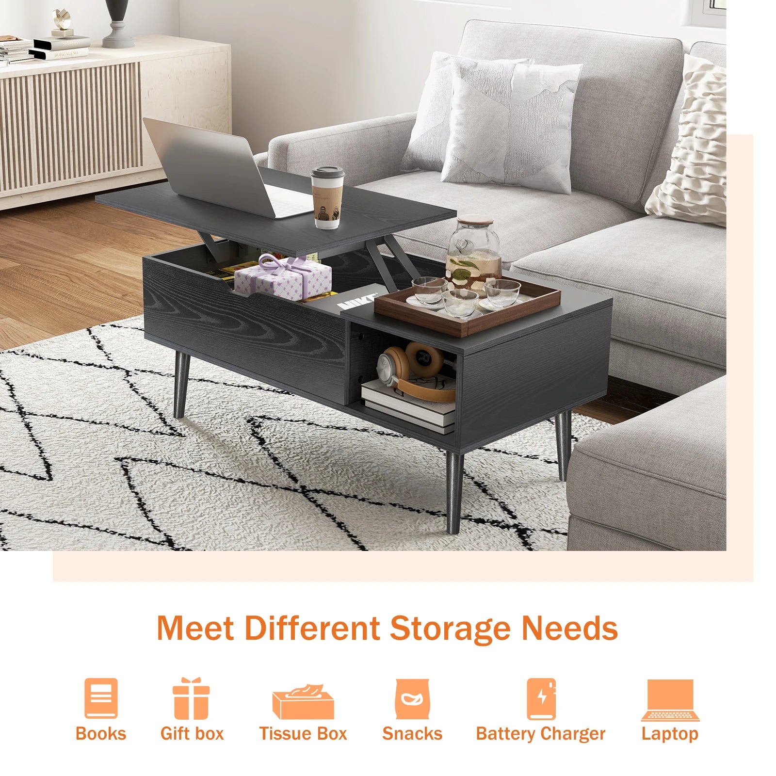 Coffee Table - Adjustable Lift-Top by JHK – Multifunction Tea & Dining Table with Hidden Storage