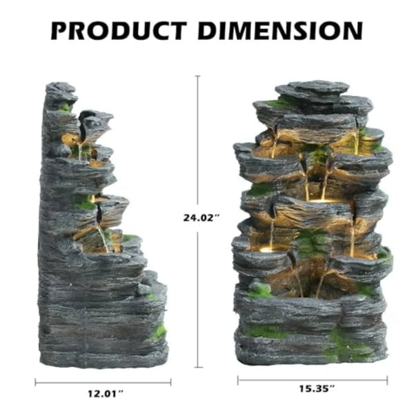 Water Fountain-7 Tiers Cascading, Rock Water Fountain, LED Lights, Outdoor Waterfall Fountain, Garden, Deck, Backyard, Patio, Porch