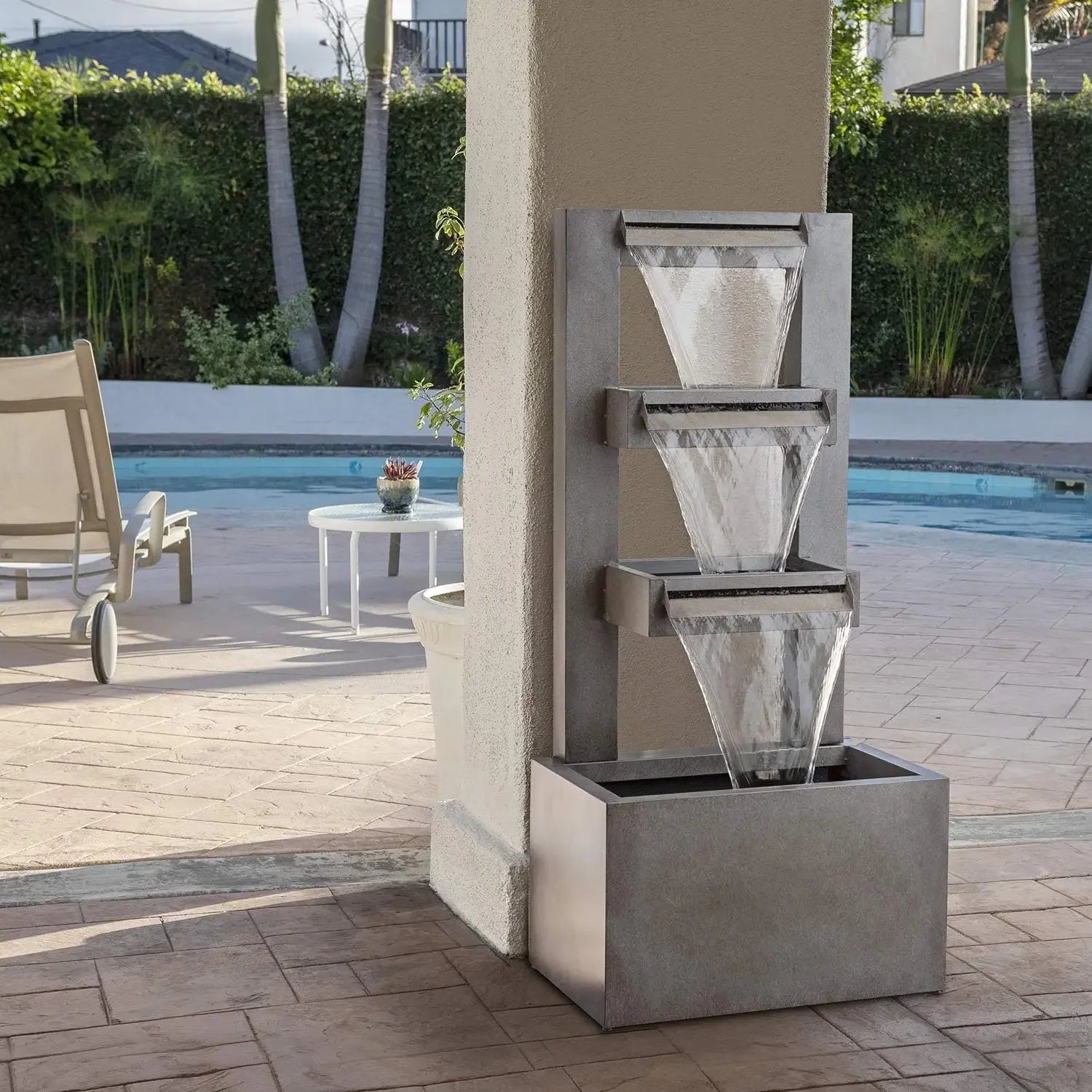 Water Fountain-43 inch High Outdoor Floor Industrial Multi-Tiered Soothing Waterfall Fountain, Gray, Guaranteed Authentic. CPS182