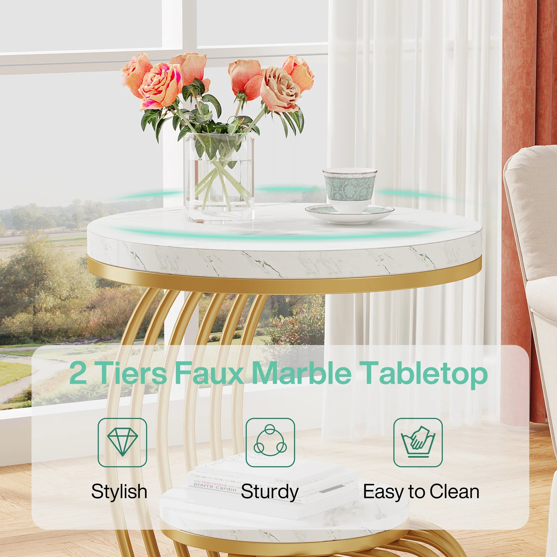 End Table-Tribesigns Gold Round Table, 2 Tiers Faux Marble Side Table, Table with Storage Shelf, Modern White Gold Bedside Table