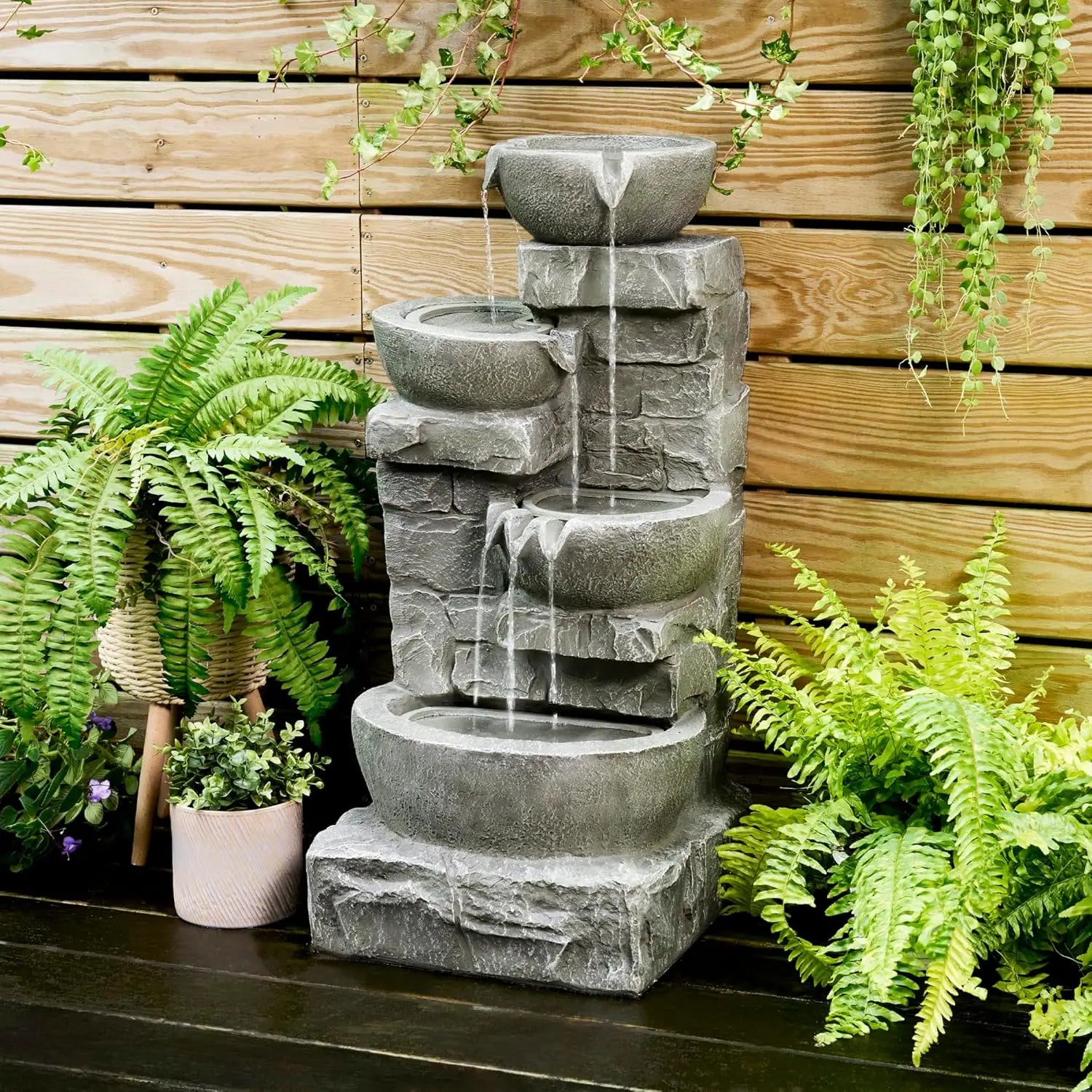 Water Fountain-LED Lights, 33.25 in. Cascading Bowls and Stacked Stones, Gardens, Landscaping, Patios, Balconies, Lawns
