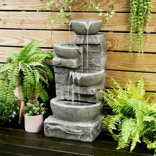 Water Fountain-LED Lights, 33.25 in. Cascading Bowls and Stacked Stones, Gardens, Landscaping, Patios, Balconies, Lawns