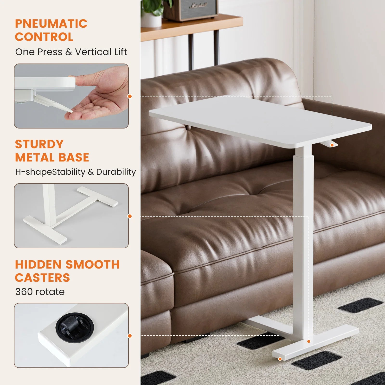 Accent Table-JHK Overbed Bedside Sofa Table with Hidden Wheels Adjustable Height Home Use Bed Table Laptop Mobile Standing Desk For Bedroom