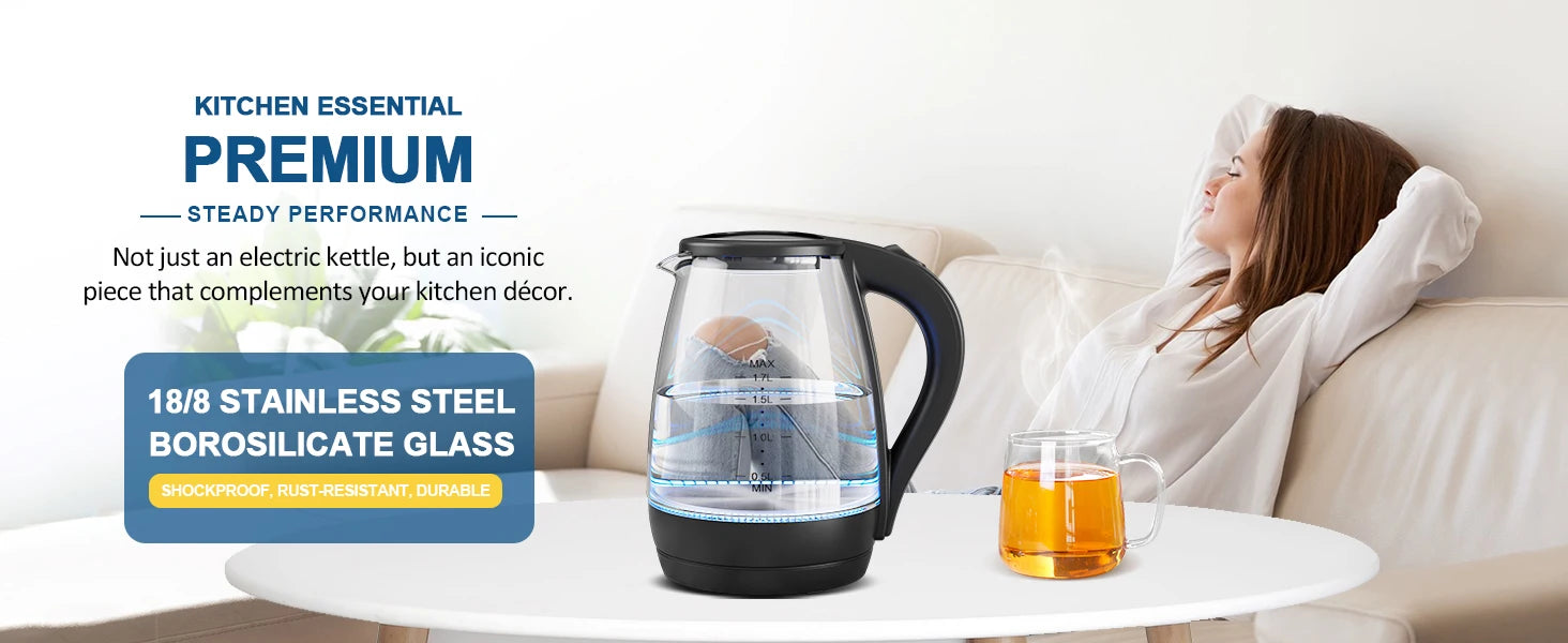 Electric Kettle- Electric Kettle with Water Dispenser - 1.7L Elegant Glass Tea Pot, 1100W Fast Boiling, LED Indicator, Auto-Shutoff