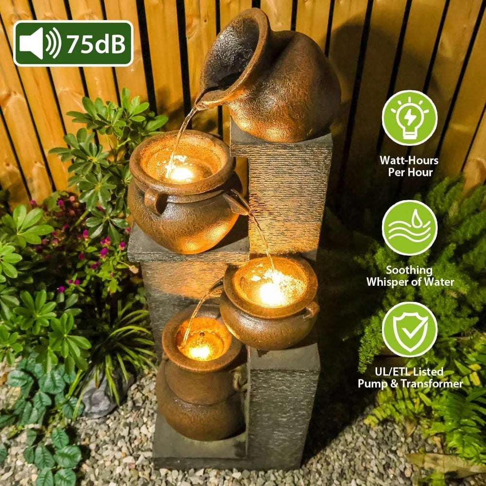 Modern Cascading Garden Fountain 53" – Four-Tier Waterfall Crocks with Warm Glow Lighting for Outdoor Decor