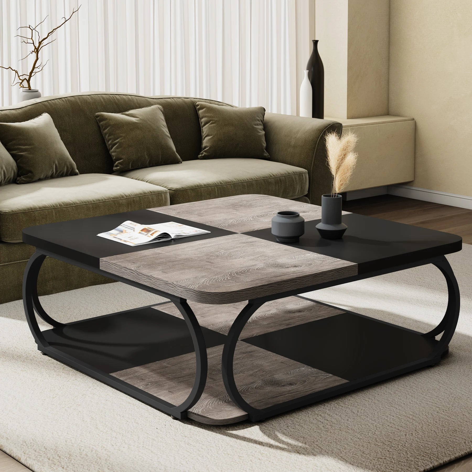 Coffee Table-Tribesigns Square Coffee Table, with 2 Tiers, 40 inches, Low Farmhouse Coffee Table, with Wood Storage Shelf, Heavy Duty Metal Curve