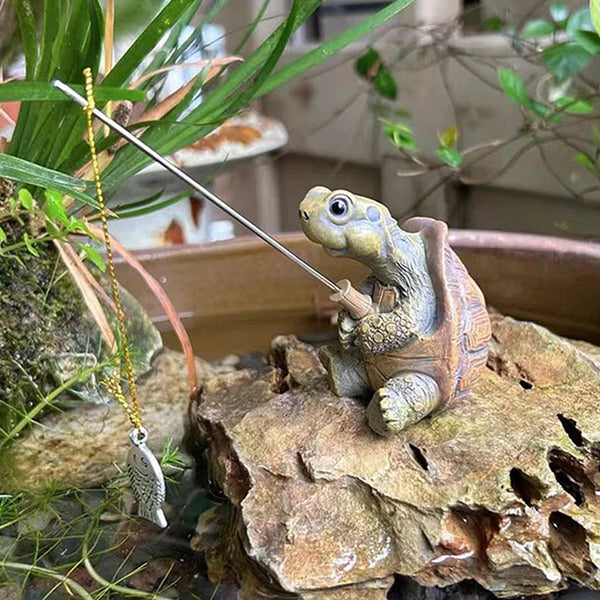 Figurine-Creative Rope Fishing Turtle, Cute Simulation, Turtle Resin Figurine, Animal Sculpture, Outdoor, Home, Garden