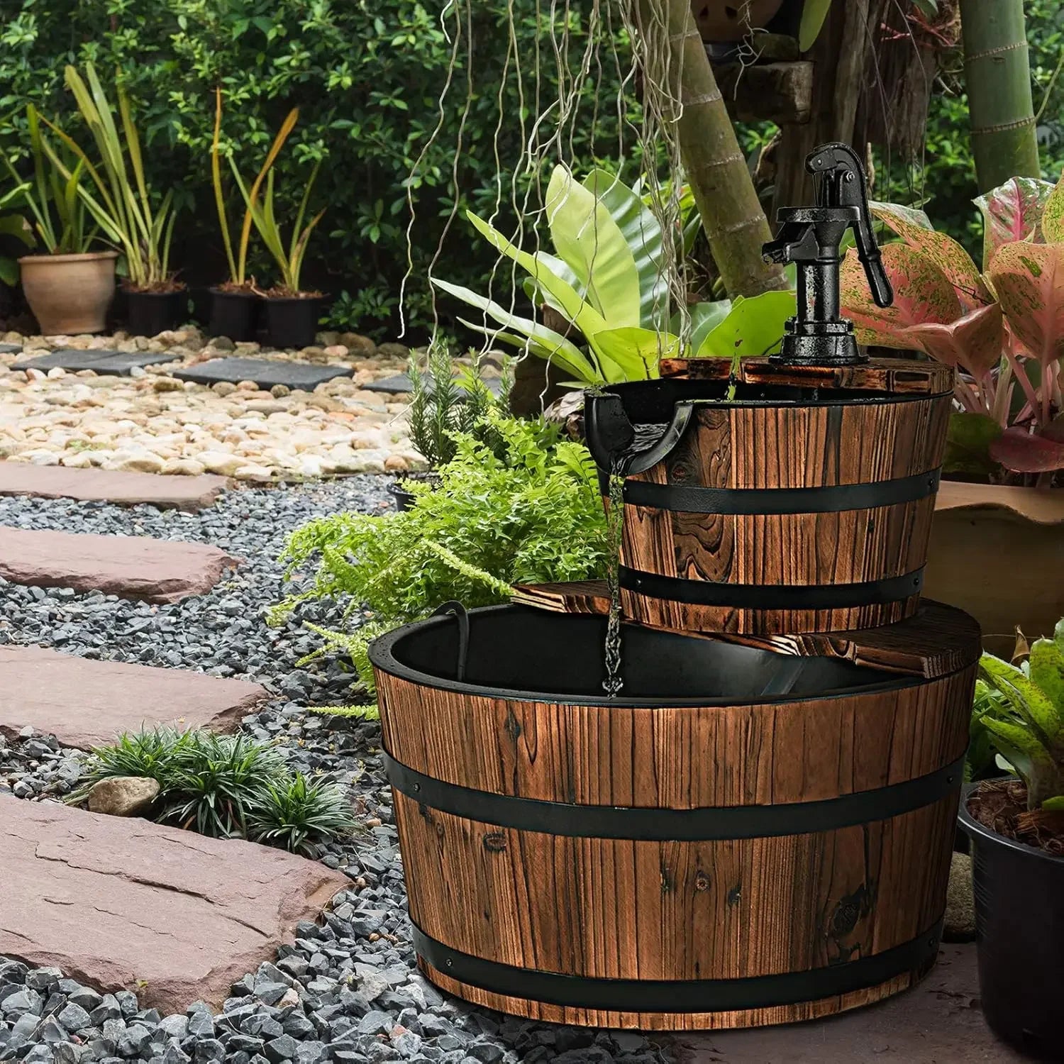 Water Fountain- 2-Tier Barrel Waterfall Fountain, Outdoor, Rustic Wood Barrel, Cascading Water Fountain with Electric Pump, Outdoor Water Feature