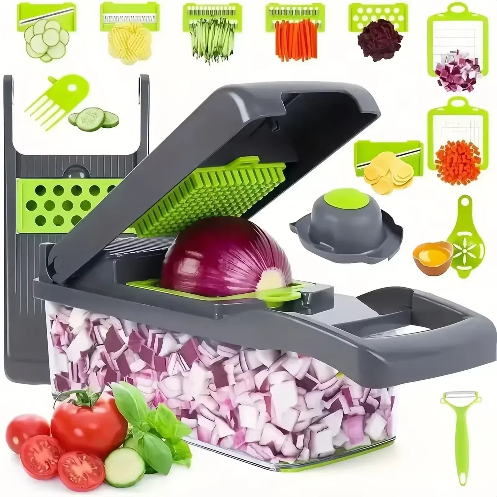 Kitchen-Multifunctional Vegetable Chopper & Slicer 14/16-in-1 with Basket – Shredder & Grinder for Fruits & Veggies