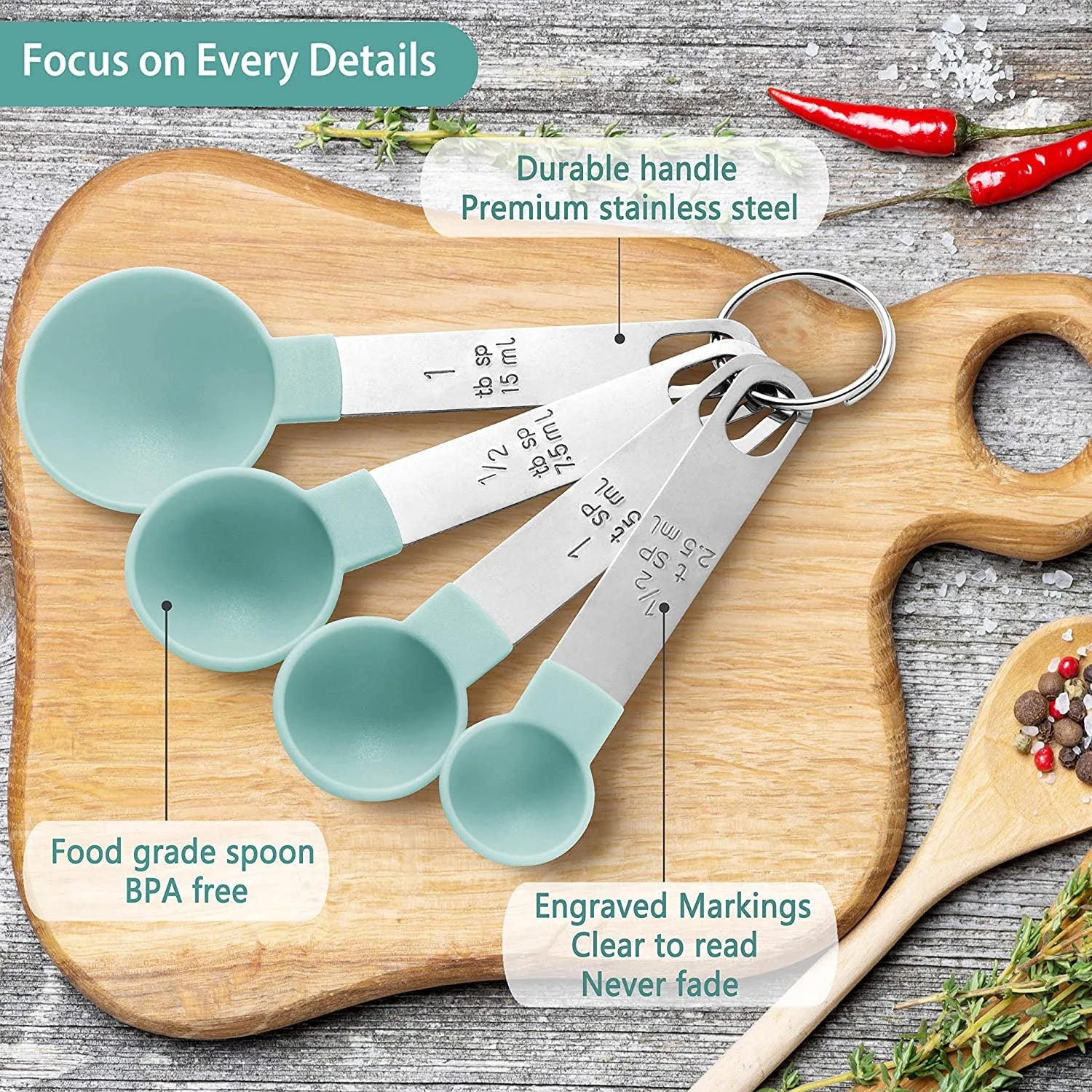 Kitchen Tools-Measuring Cups and Spoons Set of 8 Pcs Nesting Measure with Stainless Steel Hle Dry Liquid Ingredient
