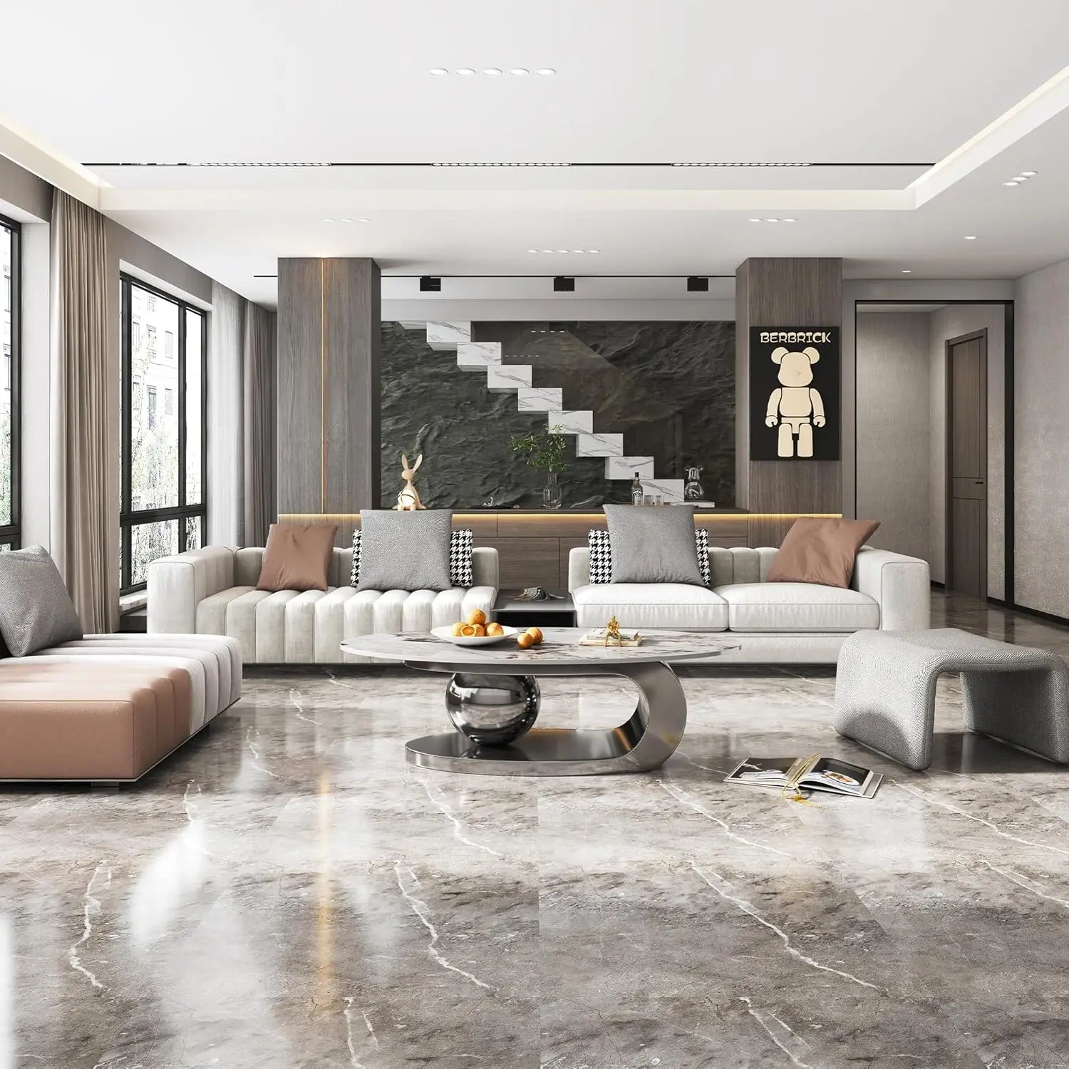 Coffee Table-Modern with Silver Stainless Steel Pedestal, Oval, Living Room Table, with Faux Marble Top, & Luxury, Customized