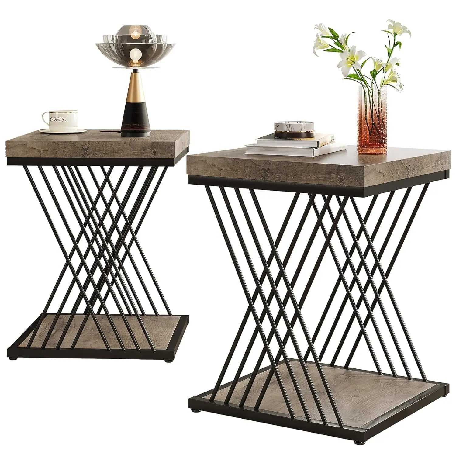 Accent Table-Square End Table White Gold 2-Tier Side Table Modern Small Bedside Table with Storage for Couch, Sofa Side Table, Customized