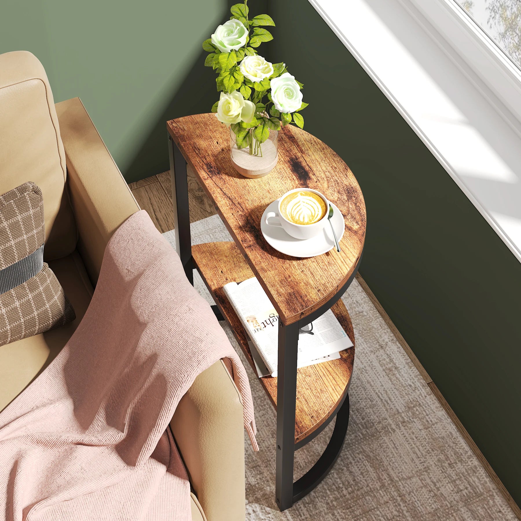 End Table-Semi Circle, Small Half Round, Side Table with Storage Shelf, Accent Table, Slim C Table for Sofa Couch, Tribesigns