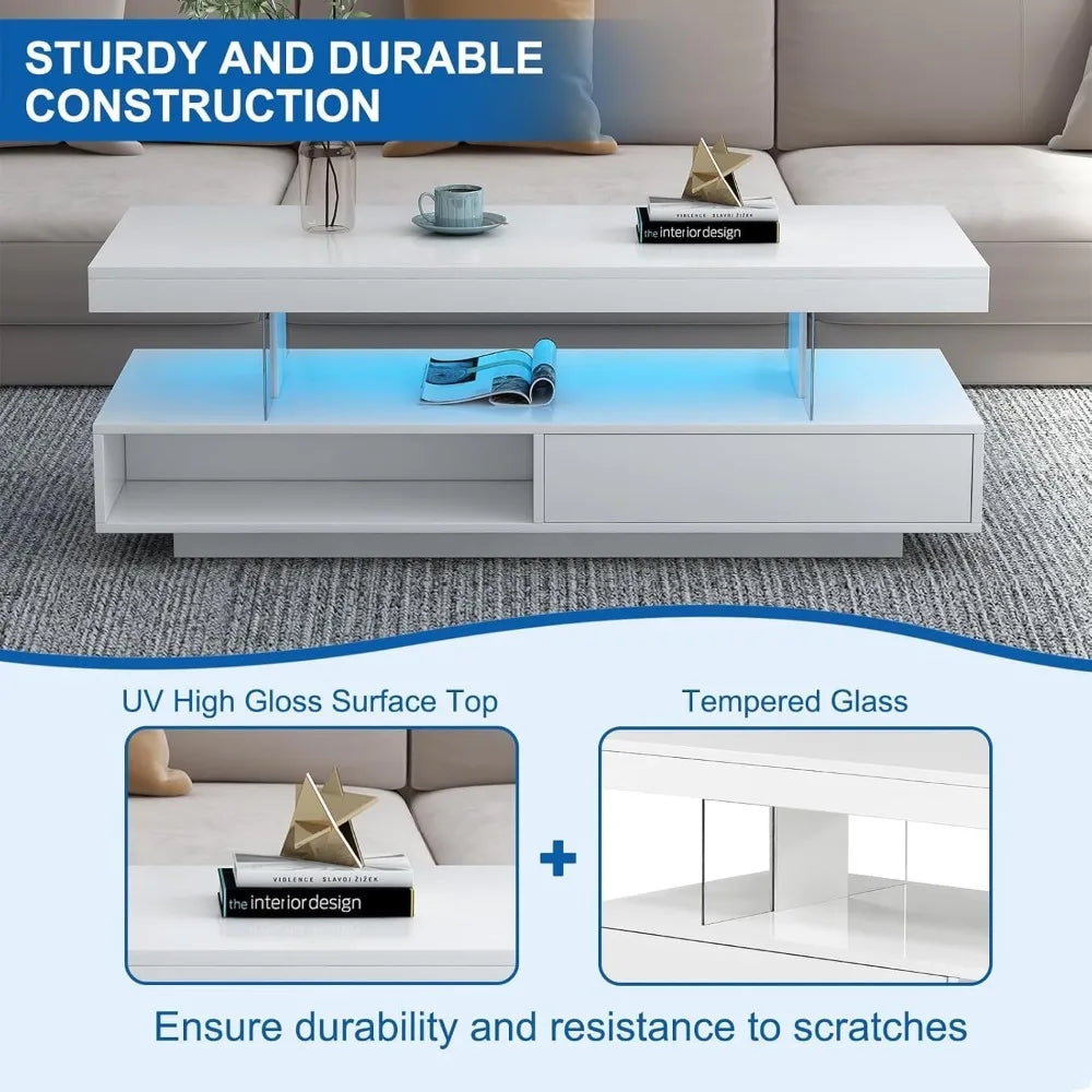 Coffee Table - Modern LED - 2 Tiers White Gloss - with Storage Shelf, Stylish Living Room Centerpiece