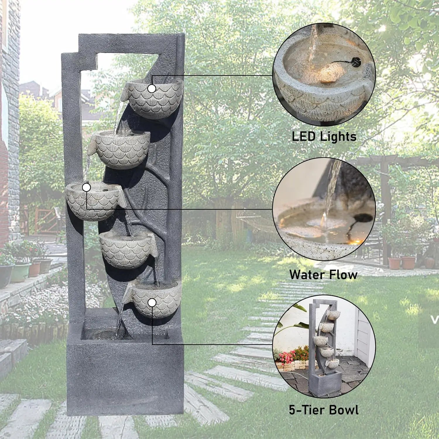 Water Fountain-LED lights, 6 Tier Waterfall, Floor Standing, Indoor/Outdoor, Bowl Stone