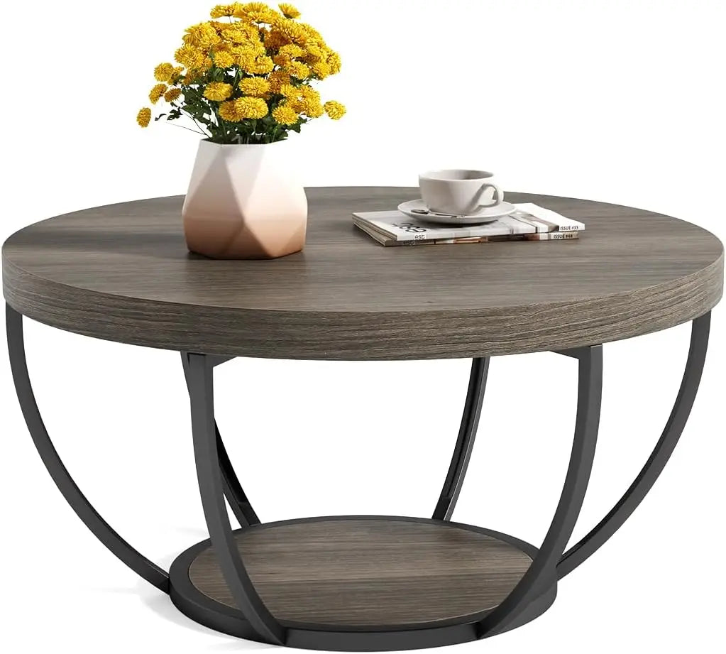Accent Table-Circle Marble 32 inch – Modern Stylish 2-Tier Center Table with Golden Frame for Living Room