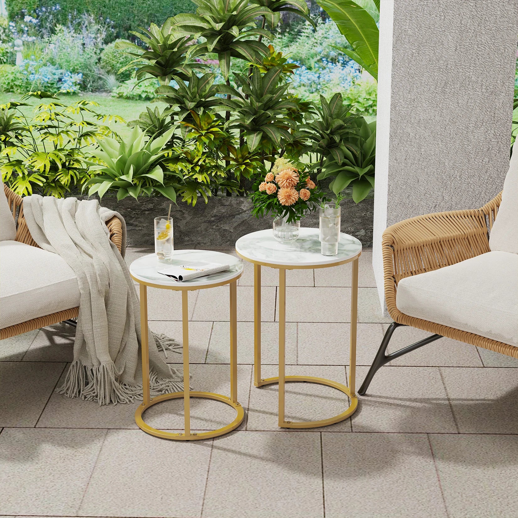 Accent Table Set-Nesting-Sintered Stone Round, Metal Base, Side Accent Table, Living Room, Storage, Small End Table