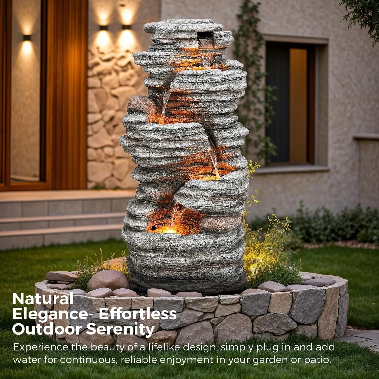 Water Fountain-LED Lights, 5-Tier Cascading Rock Waterfall,  40 in Tall, Outdoor, Natural Rock Look